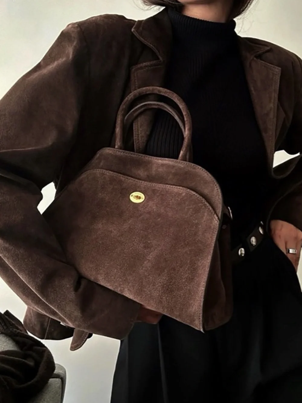 Elborn Structured Suede Satchel in Dark Brown with Gold-Tone Turn Lock